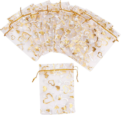 Volanic 100PCS Sheer Heart Organza Bags - 4X6 Inch Drawstring for Christmas Party Wedding Favor