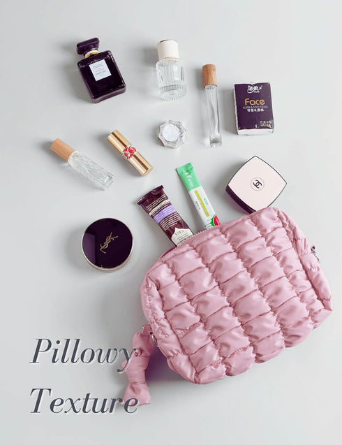 Quilted Makeup Bag - Travel Toiletry Bag for Women, Cute Baby Pink Makeup Organizer Pouch (M, Pink)