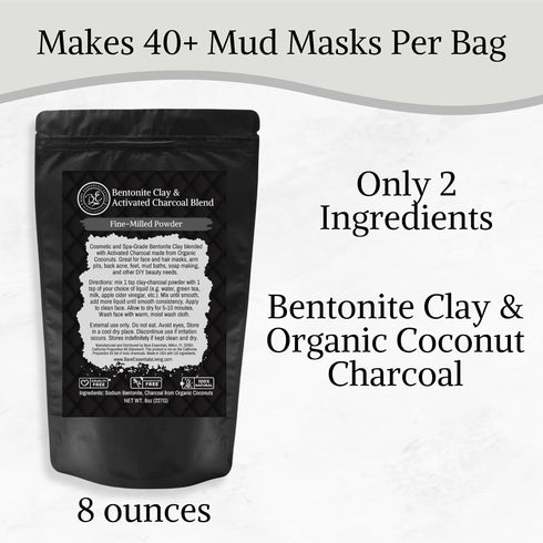 Bentonite Clay Powder and Activated Charcoal Blend (8oz) for Charcoal Face Mask, Facial, Hair Mud Mask, DIY Toothpaste