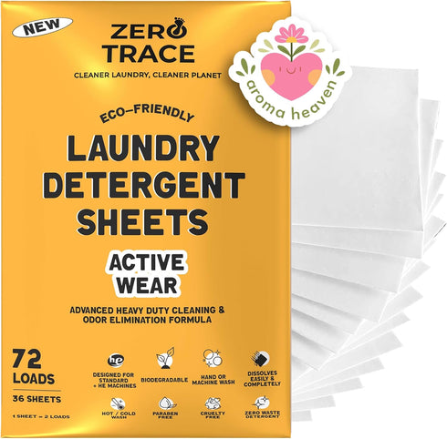 Zero Trace All Natural Laundry Detergent Sheets, Eco Friendly, Active Wear Travel Laundry Detergent, 72 Loads