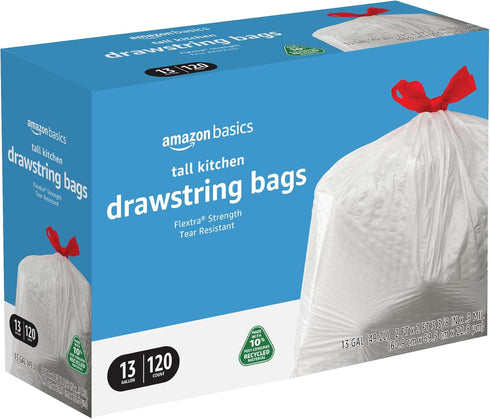 Amazon Basics Flextra Tall Kitchen Drawstring Trash Bags, 13 Gallon, 120 Count, 10% Post Consumer Recycled