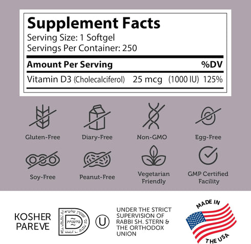 Zahler Advanced Vitamin D3 1000 IU Softgels - 250 Count, Kosher, Vegetarian, Immune Support