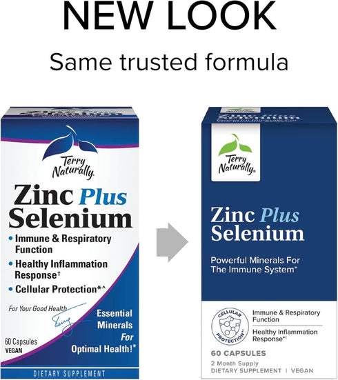 Terry Naturally Zinc Plus Selenium, 60 Capsules for Immune Support, Respiratory Function, Cellular Protection