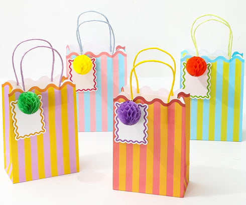 FYSUIMU Spring Stripe Paper Bag with Honeycomb Ball and Tag Scalloped Treat