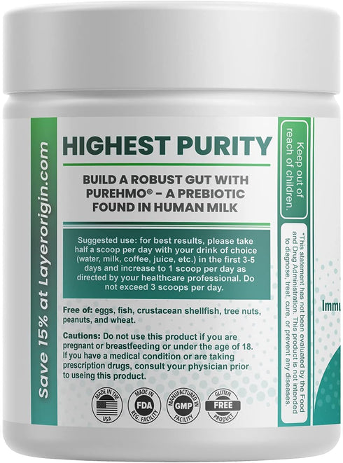 Layer Origin PureHMO Human Milk Oligosaccharide (HMO 2'-FL) Prebiotic Powder - 45 Servings, Feed 200 Billion