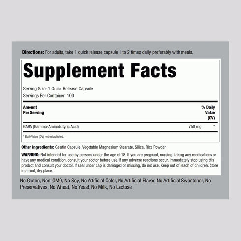 Piping Rock GABA 750mg | 100 Capsules | Gamma-Aminobutyric Acid Supplement | Non-GMO, Gluten Free