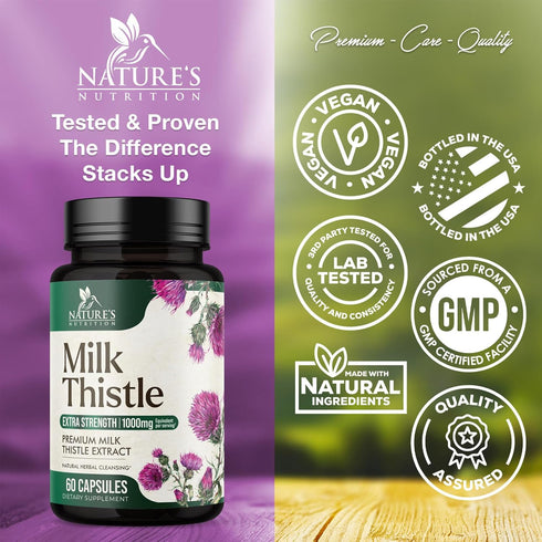 Nature's Milk Thistle 1000mg - 60 Capsules Herbal Liver Supplement with Dandelion Root & Silymarin