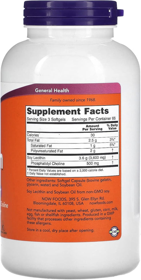 NOW Supplements, Lecithin 1200 mg with naturally occurring Phosphatidyl Choline, 200 Softgels