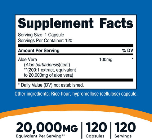 Nutricost Aloe Vera 20,000mg, 120 Capsules - Gluten Free, Non-GMO, Vegetarian Friendly (100mg of 200:1 Extract)
