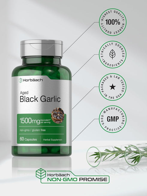 Horbaeach Aged Black Garlic Capsules 1500mg | 60 Count | Fermented Extract Supplement, Non-GMO, Gluten Free