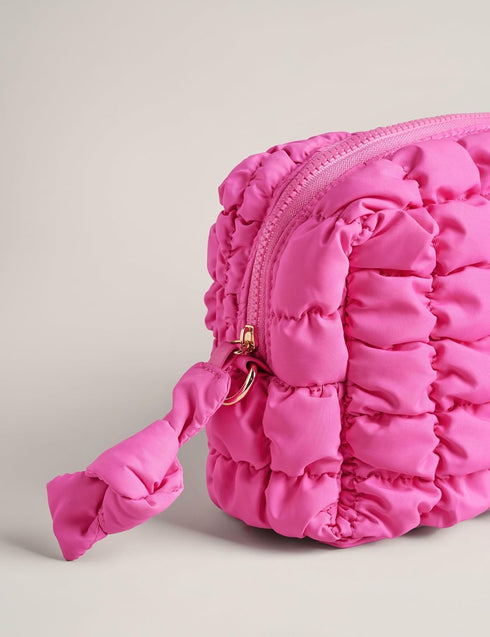 Quilted Makeup Bag, Cute Travel Toiletry Organizer for Women, Hot Pink Puffer Makeup Pouch (M, Hot Pink)