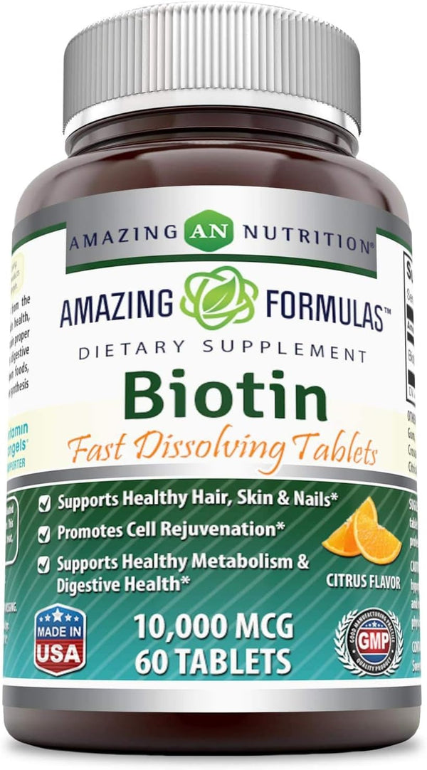 Amazing Formulas Biotin Fast Dissolving 10000MCG - 60 Tablets, Citrus Flavor, Non-GMO, Gluten-Free