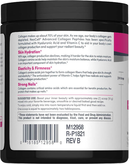 NeoCell Advanced Collagen Peptides Powder, 6.9oz, Plus Hyaluronic Acid & Vitamin C for Hair, Skin, & Nails