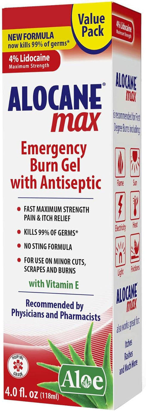 Alocane Max Emergency Burn Gel - 4% Lidocaine Hydrochloride, Maximum Strength Relief for Sunburns, 4 Fl Oz