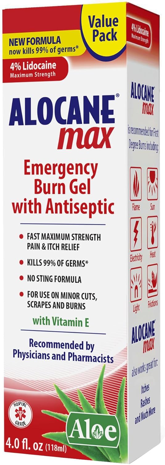 Alocane Max Emergency Burn Gel - 4% Lidocaine Hydrochloride, Maximum Strength Relief for Sunburns, 4 Fl Oz