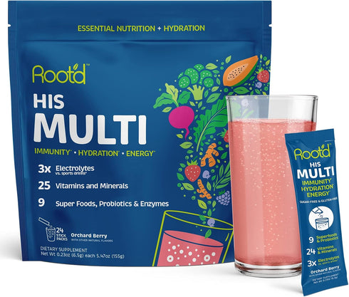 Root'd Multivitamin Powder for Men - 24 Vitamins & Minerals, 3X Electrolytes, Sugar-Free Hydration | 24 Packets