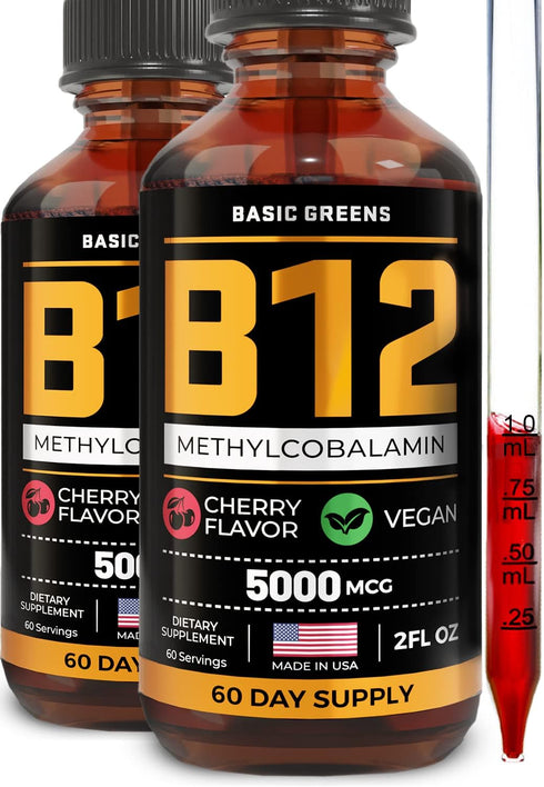 Vitamin B12 Sublingual (Vegan) - 2 Fl Oz Cherry Flavor Methylcobalamin B12 Liquid Drops, 5000 mcg