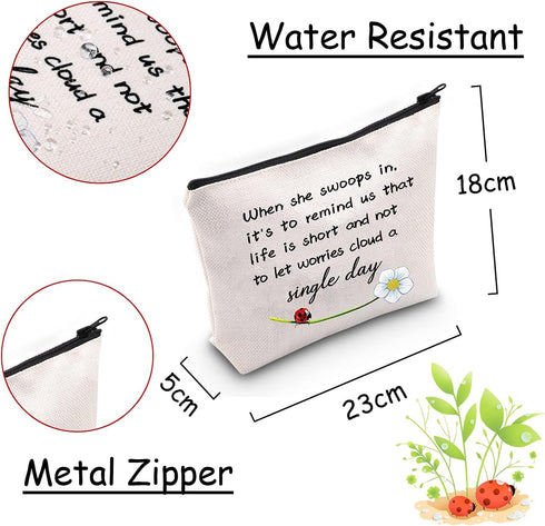 JXGZSO Good Luck Ladybug Makeup Bag With Zipper Gifts For Women When She Swoops In It's To Remind Us Not To Let Worries Cloud A Single Day Cosmetic Bag (Ladybug)