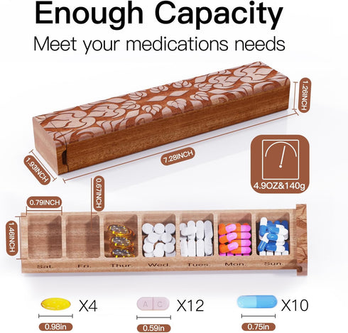 OYTKWU 7 Wooden Day Pill Organizer, Daily Once-a-Day Pill Box, Portable Travel Pill Case with Medium Compartments