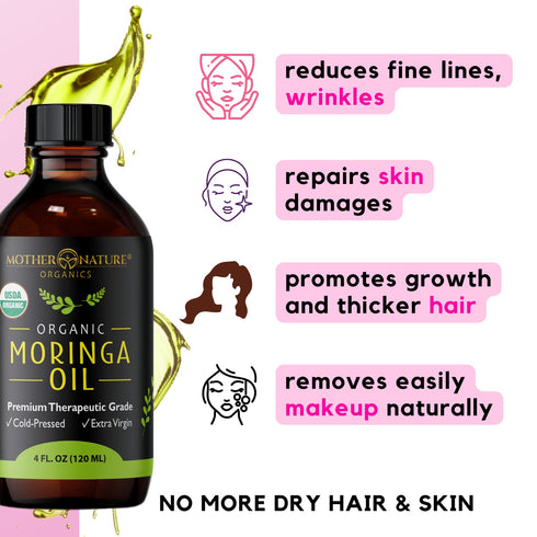 Mother Nature USDA Organic Moringa Seed Oil - 100% Pure Cold-Pressed Unrefined Oil for Face, Skin Care & Hair Growth (4