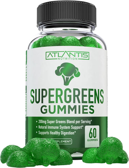 Supergreens Gummies, Daily Green Superfoods Supplement with Spinach, Broccoli, Moringa, 60 Gummies
