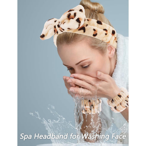 VELSCRUN 6 Pcs Brown Leopard Puffy Sponge Spa Headband Bow Tie Hair Band Hair Clips Wristband Set, Spa Headbands for Wash Face, Makeup Headband, Facial Skincare Headbands Women Girls Hair Accessories