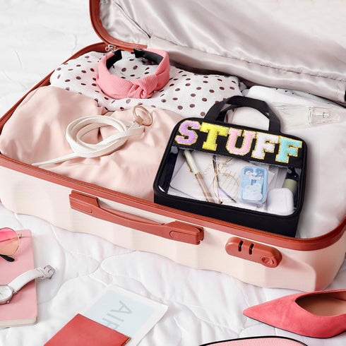 Chenille Letter Clear Makeup Bag, Preppy Cosmetic Bag with Zipper, Waterproof Travel Toiletry Bag for Women and Girls