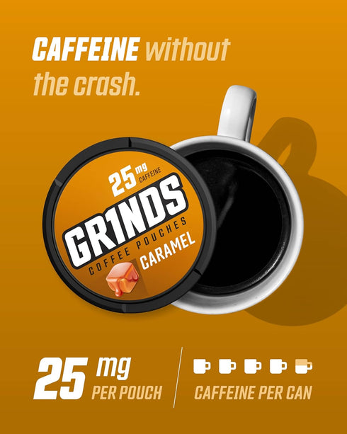Grinds Coffee Pouches, 3 Cans of Caramel, 18 Pouches Per Can, Tobacco Free & Nicotine Free Healthy Alternative