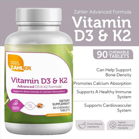 Zahler Vitamin D3 & K2 Chewable Supplement (90 Count), Certified Kosher for Calcium Absorption & Immune Support