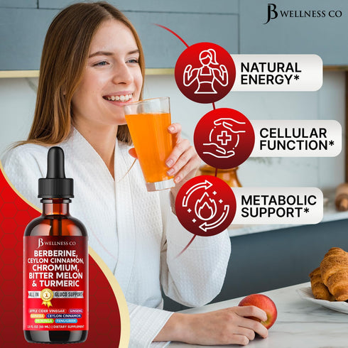 JB Wellness Co 4 OZ Berberine with Ceylon Cinnamon Supplement Liquid Drops + Bitter Melon Extract, Glucomannan
