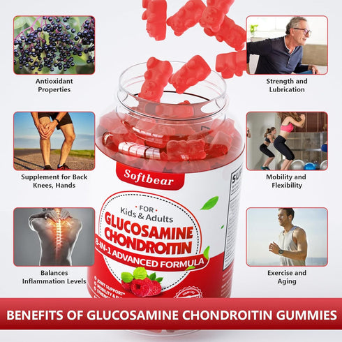 Sugar Free Glucosamine Chondroitin Gummies - Extra Strength Joint Support, Raspberry Flavored, 120 Count