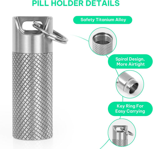 TISKY Portable Titanium Keychain Pill Holder (2pack), Waterproof Mini Pill Case for Travel, Outdoor Camping