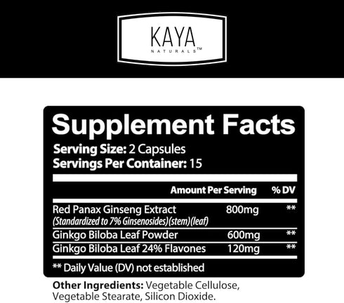 Kaya Naturals Red Panax Ginseng + Ginkgo Biloba | Nootropic Brain Supplement | Cognitive and Concentration Support | Brain Booster, Focus, and Memory Supplement | 30 Capsules