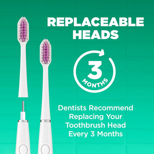 GUM Sonic Powered Toothbrush, Tapered Bristles Clean Below The Gumline, Bundle, White, 1 Handle + 2 Refills