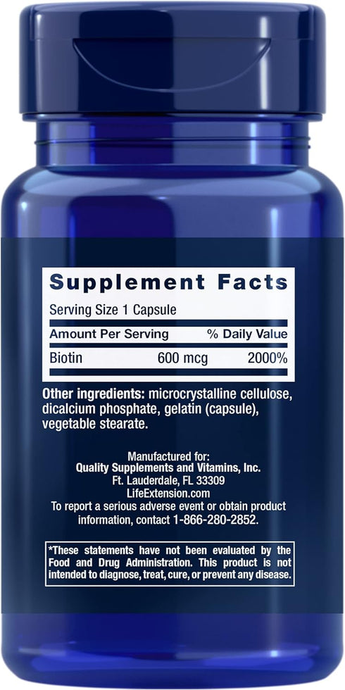 Life Extension Biotin 600 mcg Vitamin B7 Support Supplement for Beautiful Hair, Nails & Beyond – Gluten-Free, Non-GMO - 100 Capsules