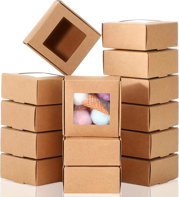 Zonon 30 Pcs Mini Kraft Soap Boxes with Window for Homemade Packaging, Brown Treat Boxes (2.56 x 2.56 x 1.18 Inch)