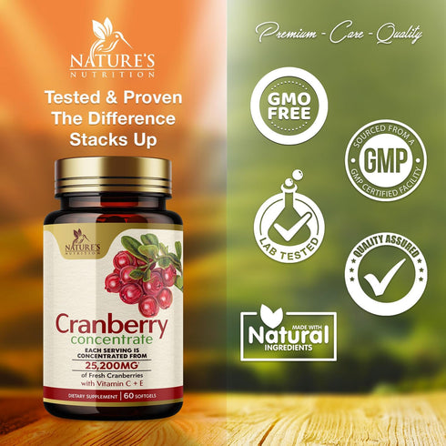 Cranberry Concentrate Extract Supplement for Urinary Tract Health Support - 25,200mg Formula with Vitamin C & E,