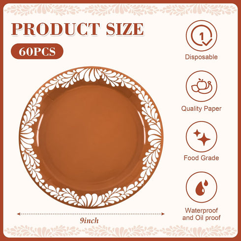 Houuqe 60 9 Inch PCS Platos De Barro Mexicanos Mexican Paper Plates Cielito Lindo Decoration- Mexican Terracotta Flower