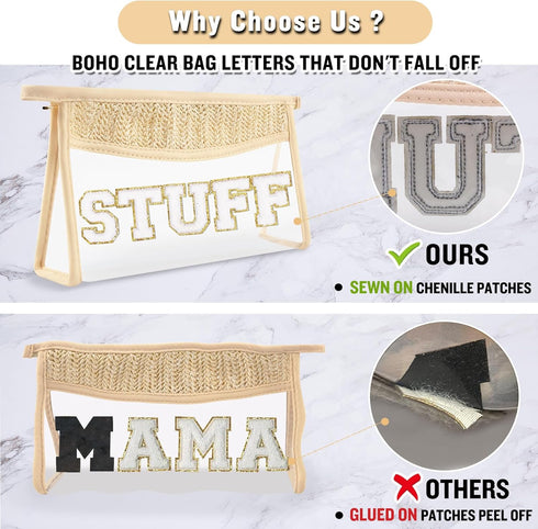 Boho Clear Makeup Letter Patch Makeup Bag STUFF Pouch, Cute Waterproof Glitter Toiletry Bag for Women