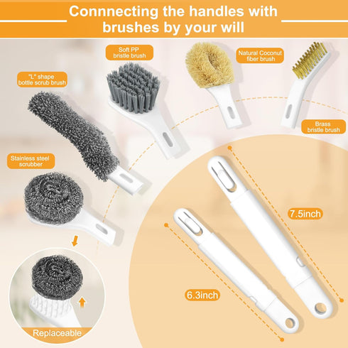 LivyChouance Set 7 Counter 1,Easy Dish Brush of with Holder for Scrubing Dishes Pots Pans Bowls Plates Bottles Sinks