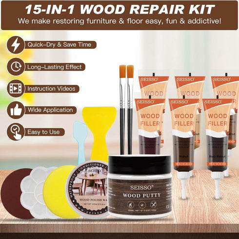 Wood Furniture Repair Kit 15Pcs - 6 Colors Wood Filler for Hardwood, Laminate, Vinyl Floor Repair