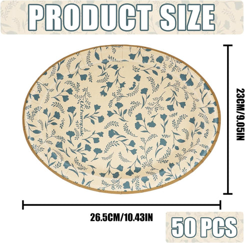 VIVAVENTURE 50PCS 9" 10.5" Oval Disposable Paper Plates, x Everyday Disposable Plates, Floral Dinner Plate