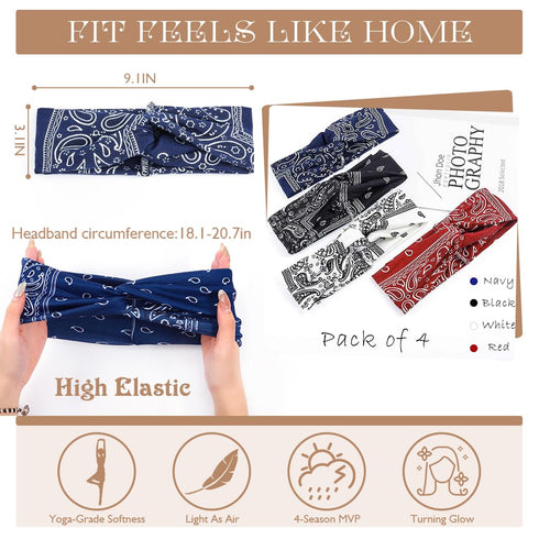 Urieo Knotted Boho Bandanas Headband, Paisley Hair Turban for Women, Sport Yoga (Pack of 4) (A)
