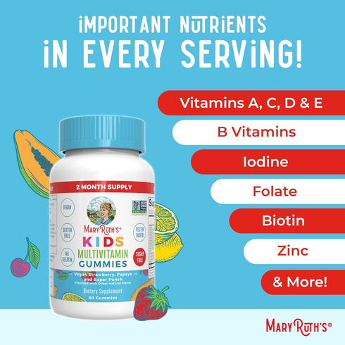 MaryRuth Organics Kids Vitamins, Sugar Free, 2 Month Supply, Vegan Multivitamin Gummies for Ages 2+, 60 Count