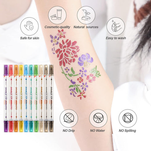 HAWINK Temporary Tattoo Markers for Skin, 10 Body Markers + 56 Large Tattoo Stencils for Kids and Adults, Dual-End Pens