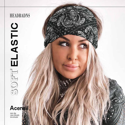 Wide Headbands for Women - Boho Turban Knotted Floral Elastic Non Slip Hairband Workout Yoga Head Scarfs 4Pcs