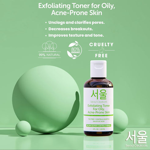 SeoulCeuticals Korean Toner for Oily Acne Prone Skin, Tea Tree Facial Toner with Centella Asiatica, 4 FL OZ