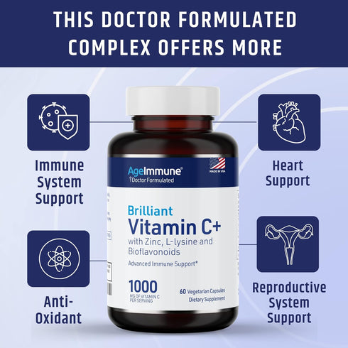 Vitamin C 1000mg Complex with L-Lysine 500mg, Zinc Gluconate 12mg, Bioflavonoids 300mg, Doctor Formulated Supplements