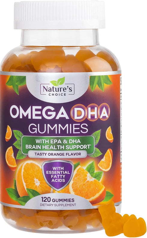 Omega 3 Fish Oil Gummies - 120 Gummies Triple Strength with High Absorption EPA & DHA Fatty Acids, Orange Flavor