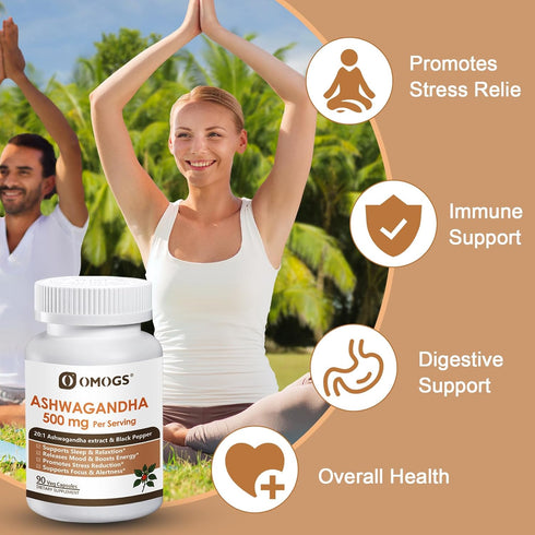 Immune 90 OMOGS Organic Ashwagandha, Pure Herb Extract, Added Black Pepper, High Absorption, for Boosts Energy, Sleep
